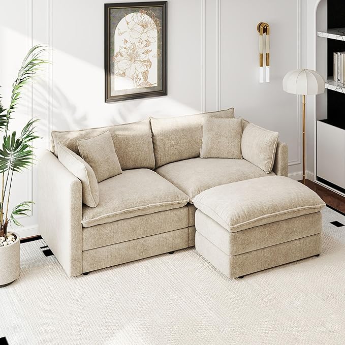 Aoowow Modular Sectional Sofa Modern Convertible Loveseat Couch,77.16 Inch Deep 2-Seater Sofas Comfy Chenille Cloud Sofas and Couches Set with Movable Ottoman for Living Room Apartment（Camel）