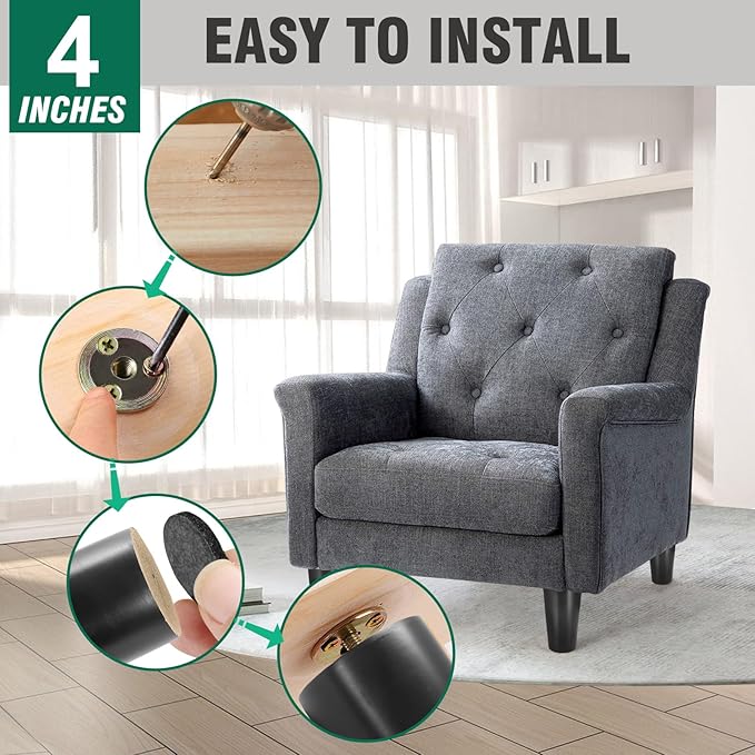 FoDau770 Black Rubber Wood Furniture Legs 4 Inches, Straight Tapered Wood Feet Mid Century Sofa Legs Set of 4, 5/16" UNC Furniture Feet for Cabinet Couch Dresser Chair Ottoman Table