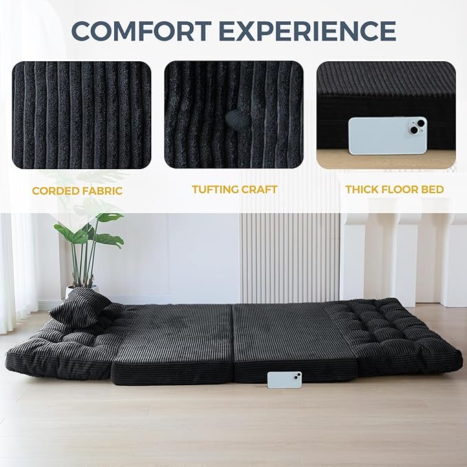 MAXYOYO Bean Bag Bed Tufted Folding Sofa Bed with Pillows Floor Mattress for Adults, Extra Thick and Long Floor Sofa, Twin Couch for Bedroom Living Room, Black, 39x91 Inch