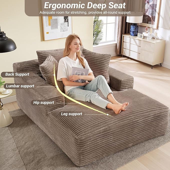 50"W x 68"D Oversized Chaise Lounge Chair Indoor Boneless Reading Chair Plush Corduroy Recliner Large Deep Seat Upholstered Sleeper Comfy Sofa Bed Couch with 3 Pillows for Living Room Bedroom, Camel