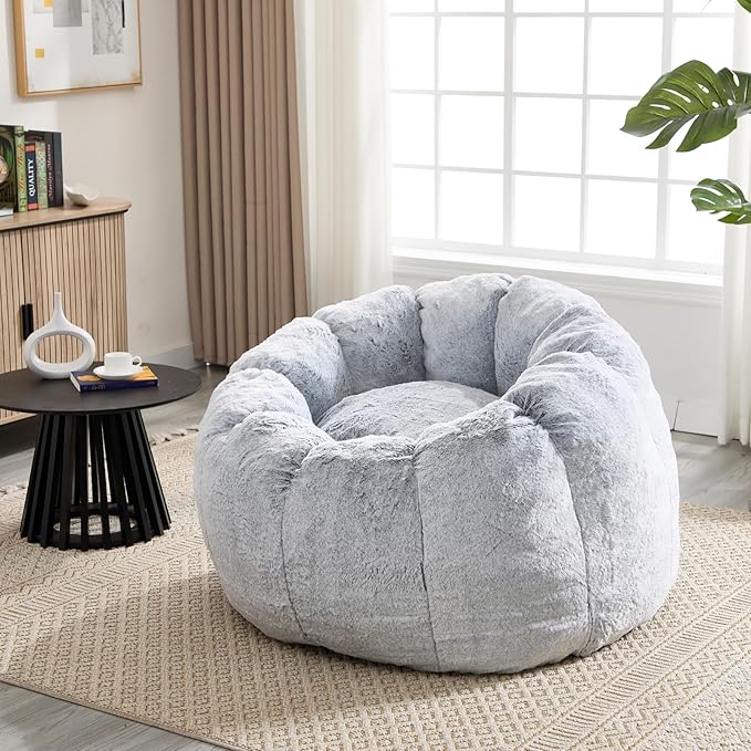 LukeAlon Faux Fur Bean Bag Chair with Filler & Petal Armrest Fluffy Floor Sofa Chair for Adults, 44"×44"×26" Cozy Seating for Bedroom, Living Room, Game Room (Grey)