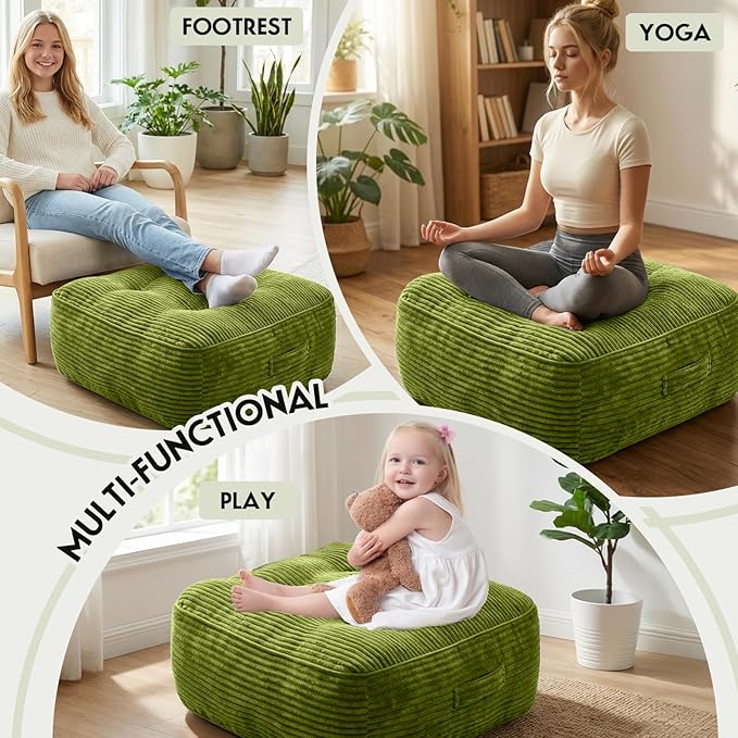 11In Washable Floor Pillow for Adults, Yoga & Meditation Cushion with Handle, Square Large Pillows Seating with Removable Tufted Corduroy Cover for Tatami Living Room Board Games, Green