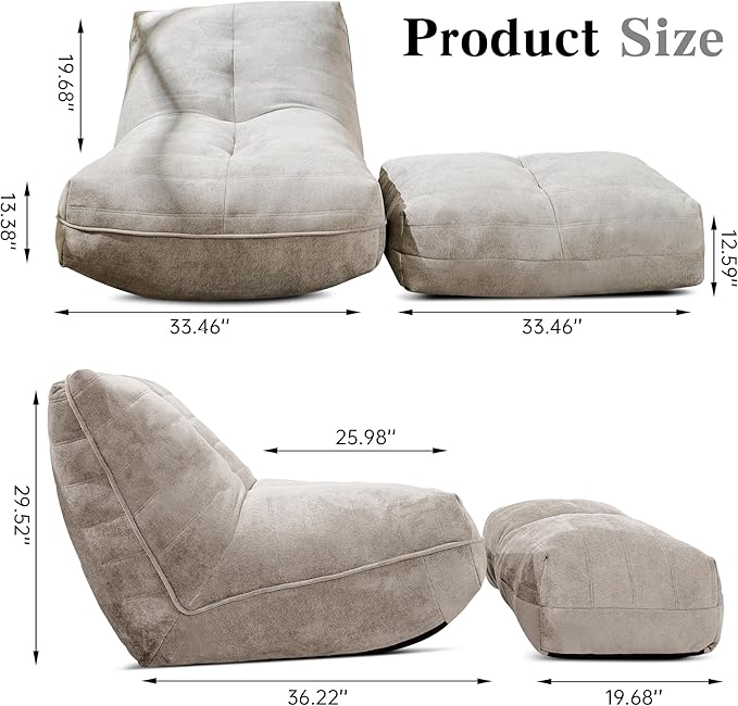 Cvortll Bean Bag Chair with Ottoman, Comfy Bean Bag Sofa with Memory Foam, Lazy BeanBag Sofa with Footstool, Fireside Bean Bag Couch for Living Room, Bedroom, Apartment (Gray)