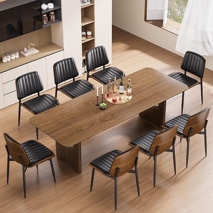 YaFiti Dining Chairs Set of 6, FSC Certified Mid Century Modern Dining Room Kitchen Chairs, Upholstered PU Leather Vertical Stripe Chairs for Vanity with Walnut Bentwood and Metal Legs, Black