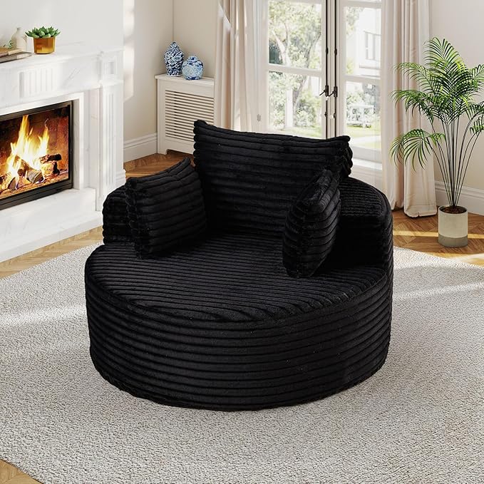 50"W Oversized Round Chaise Lounge Chair Indoor, Upholstered Corduroy Deep Seat Cloud Circle Sofa Chair, Modern Fluffy Comfy Floor Reading Armchair for Living Room, Bedroom, No Assembly Required,Black