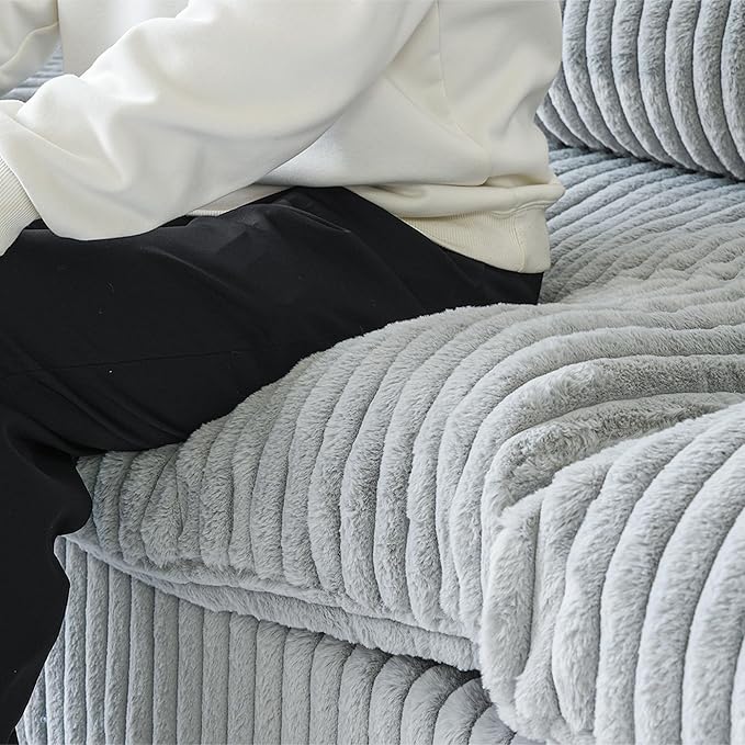 Modular Sectional Sofa/ 158inch Cloud Couches with Ottoman for Living Room/Soft Faux Rabbit Fur U Shaped Couch with Chaise,6 Seater Wide Convertible Sofa,Covers Washable&Replaceable,Grey