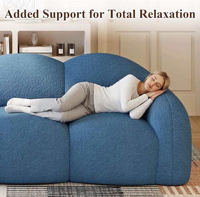 WJShome 90" Modern Curved Upholstered Cloud Couch, Deep Seat 3 Seater Bubble Couch, Cozy Boneless Plush Teddy Velvet Couches for Living Room, Bedroom, Apartment (Blue)