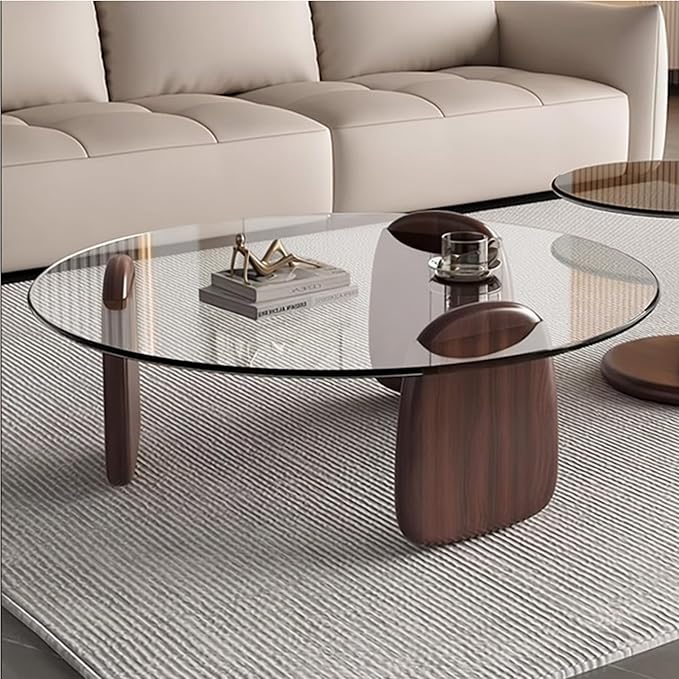 EASYSOUL Modern Round Coffee Table with Glass Top, 35.43" L x 35.43" W x 14.69" H, Circular Tea Tables for Living Room Home Office Industrial Cocktail Tables (Walunt-Clear Glass/35.43")