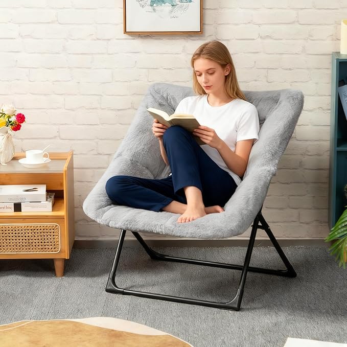 HollyHOME X-Large Saucer Chair, Comfy Oversized Folding Chair, Faux-Fur Reading Chair for Teens, Adults, Foldable Accent Lazy Chair, Metal Frame Lounge Chair for Living Room, Bedroom, Dorm, Grey