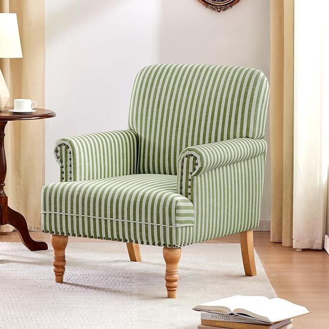 HUIMO Linen Fabric Accent Chair, Mid-Century Modern Armchair with Solid Wood Legs, Single Sofa Chair,Upholstered Reading Club Chair (1, Green and White Stripe)