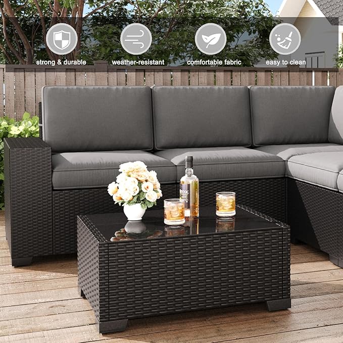LayinSun 6 Pieces Patio Furniture Set, Black Rattan Modular Sectional Outdoor Conversation Sofa Set