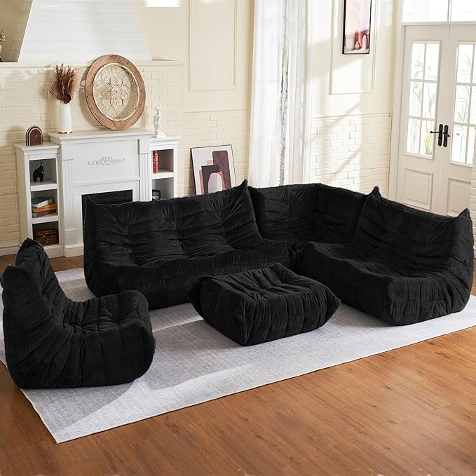 HABUTWAY Bean Bag Chair, Giant Bean Bag Chairs for Adults, Bean Bag Sofa with Filler Faux Fur, Memory Foam Bean Bag Couches Fireside Lazy Sofa for Living Room, Bedroom, Office (Black)
