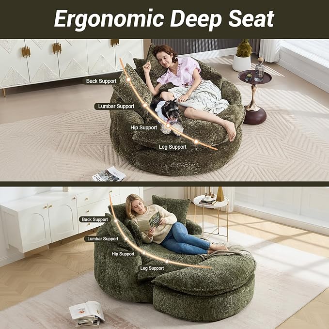 54" Oversized Round Chaise Lounge Indoor Boneless Bean Bag Chair with Movable Ottoman Fluffy Comfy Reading Chair Large Circle Cloud Couch Sleeper Sofa Bed for Living Room, Bedroom, Apartment, Green