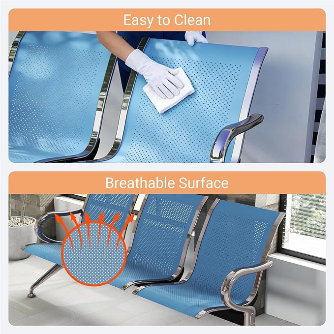 Kinfant 3-Seat Waiting Room Chair - Office Guest Reception Chairs with Ergonomic Backrests, Airport Waiting Bench with Armrests, Metal Waiting Furniture for Hospital, Bank, Salon, Blue