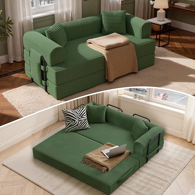 Convertible Coarser Corduroy Sleeper Sofa Bed with Cylindrical Pillow, Folding Mattress Couch with Fixed-Shape Frame, Floor Sofa Lounge Couch for Living Room Bedroom Lounge Studio, Green