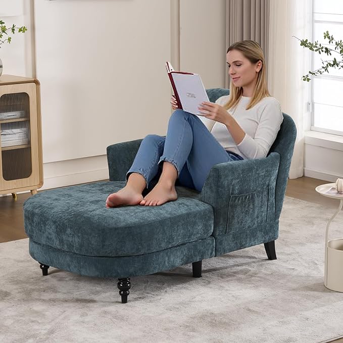 Chaise Lounge Chair Indoor, 59.8" Oversized Couch Reading Chairs, Chenille Comfortable Deep Sleeping Single Sofa, Upholstered Modern Couch Sofa Bed for Living Room, Bedroom & Apartment (Teal)