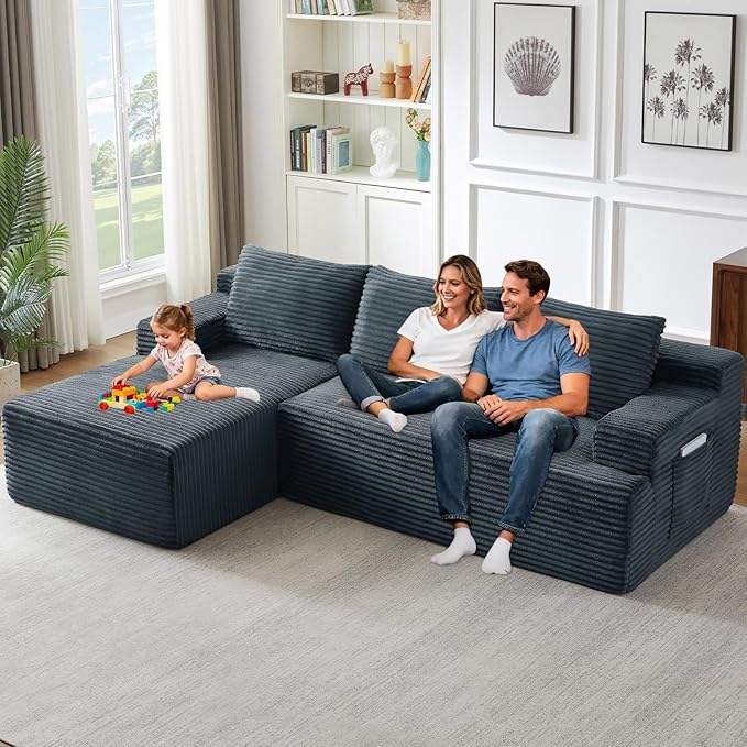 96.1" Modular Sectional Sofa Couches L-Shape Couch 3 Seat Modular Sofa Corduroy Memory Foam Sectional Boneless Couches for Living Room, Cloud Couch with Oversized Chaise(Dark Gray, Left Facing)