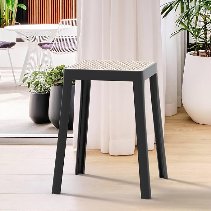 LeisureMod Stackable Square Plastic Dining Stool - Mid-Century Modern Backless Accent Stool with Wicker Top for Kitchen & Dining Room, Black