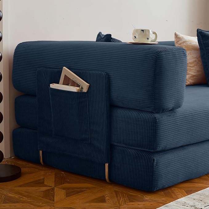 LIAROO 78.8" Convertible Sofa Bed -Compression Sofa with Corduroy Fabric - with Armrests and Backrest - Modular Sectional for Living Room, Bedroom, Studio - Compression Sofa in Box (Dark Blue)
