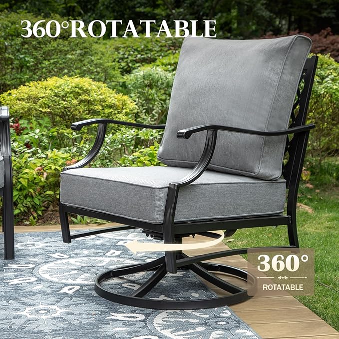 HERA'S HOUSE Outdoor Chairs Set of 2, 2 x Patio Chair with Grey Cushions, All Weather Outdoor Furniture for Lawn Garden Backyard Deck(Swivel Chairs)