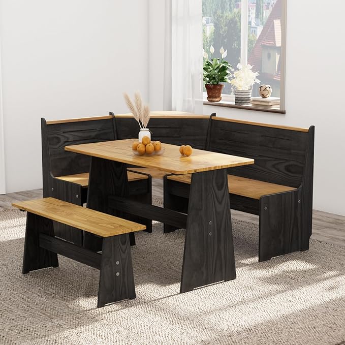 Breakfast Nook Table Set – L-Shaped Corner Dining Bench Set, Kitchen Nook Booth Dining Table, Space-Saving Banquette Seating for Apartment or Dining Room, Modern Black Wood Corner Table Set