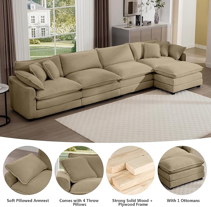 Aoowow Corduroy 4 Seater Cloud Couch with Ottoman,Modern Cloud Couches for Living Room,Modular Sectional Cloud Sofas with Deep Seat,Oversized Tufted L-Shaped Sofa Set (Tan, 4 Seater + 1 Ottoman)
