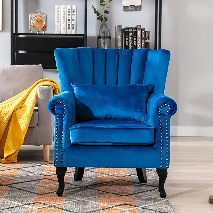 DM Furniture Accent Chairs Set of 2 with Arm Comfy Living Room Chair Mid-Century Modern Wingback Side Chair Velvet Single Sofa Couch for Bedroom Guest Room, Blue