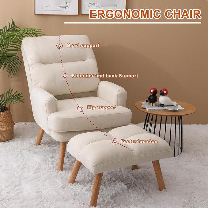 KGOPK Accent Chair with Ottoman,Comfy Armchair with Adjustable Backrest,Fabric Lounge Chair Single Sofa for Living Room,Bedroom,Office,Beige