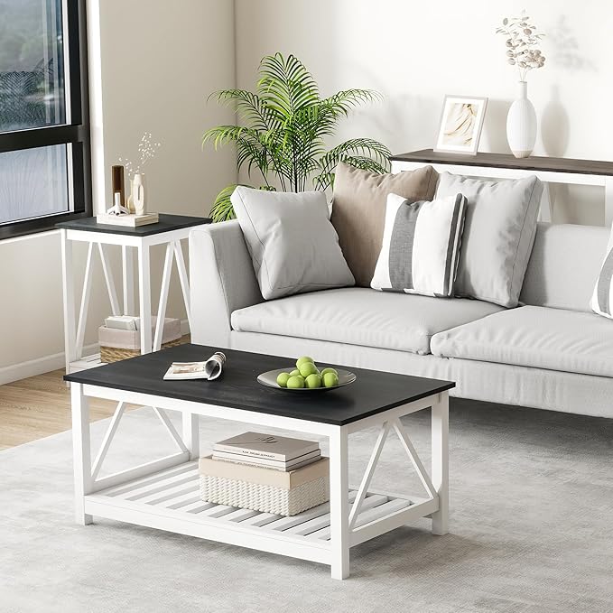 UYIHOME Farmhouse Coffee Table, Black and White Coffee Table for Living Room, 2-Tier Rectangular Wooden Centre Cocktail Table with Slats Shelf Storage and V-Shaped Frame Modern Coffee Tables Oak Black