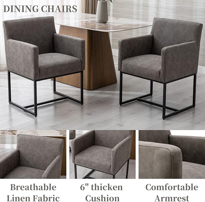 BESTANO Set of 2 Upholstered Dining Chairs with Armrest, PU Leather Modern Accent Armchairs, Kitchen & Dining Room Chairs Side Chairs, Grey