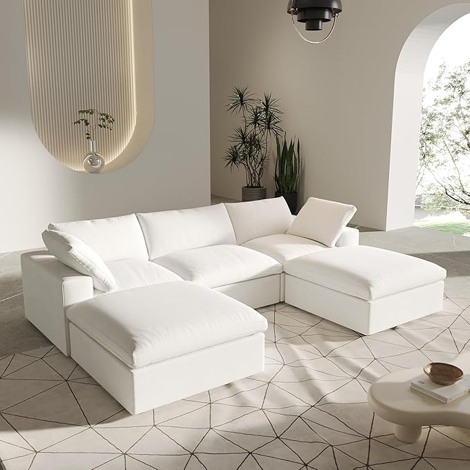 U-Shaped Cloud Sectional Couch, White Modular Sectional Sofa, Modern Comfy Cloud Sofa with Storage Ottomans, Covers Removable, Convertible Sleeper Couch for Living Room Apartment (Linen Fabric)
