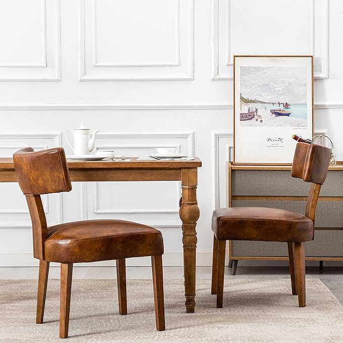 RIVOVA Mid Century Modern Dining Chairs Set of 6 PU Leather Upholstered Side Chairs, Modern Kitchen Armless Parson Chairs Solid Wood Dining Chairs, Brown