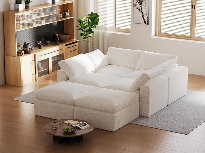 140’’ Oversized Boneless Couch for Living Room, Cloud Couch Modular Sectional Free Combination with Ottoman Washable Cushion Cover, No Assembly Required, White (4-Seat + 2 Ottoman)