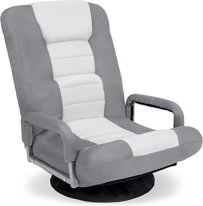 Best Choice Products Swivel Gaming Chair 360 Degree Multipurpose Floor Chair Rocker for TV, Reading, Playing Video Games w/Lumbar Support, Armrest Handles, Adjustable Foldable Backrest - Gray/White