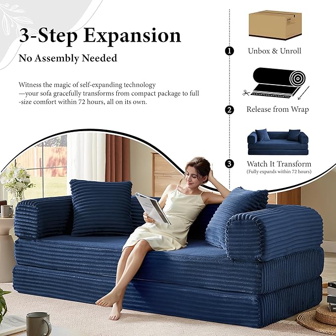 Chorlenimi Boneless Couch Futon Sofa Bed Sectional Couches for Living Room,Cloud Couch with Sleeper Sofa,Sofas for Living Room Oversized Corduroy Upholstered (Blue, 76 Inches (No Iron Frame))