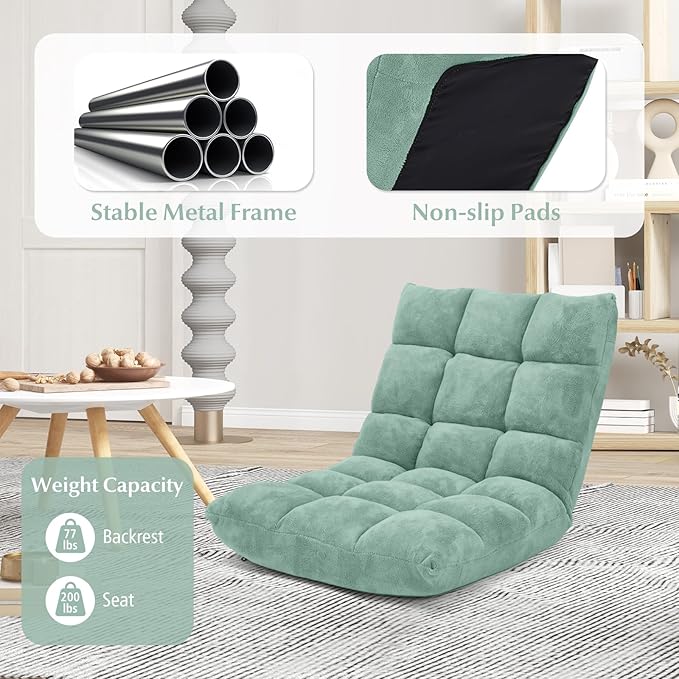 DREAMADE Folding Floor Chair w/Back Support, 14-Position Adjustable Lazy Sofa Chair w/Coral Velvet Fabric & Alloy Steel Frame, Portable Meditation Chair for Reading, Gaming,Sleeping (Green)