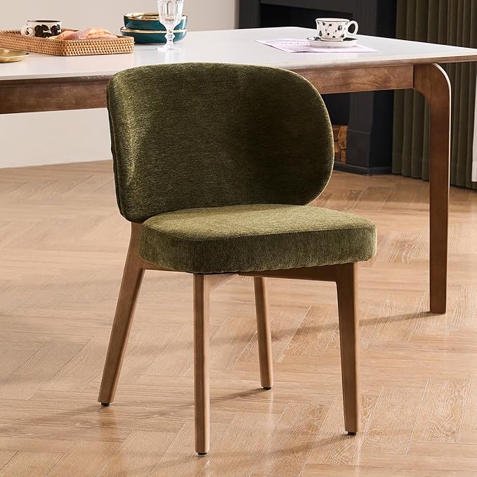 YOUNUOKE Upholstered Dining Chairs Set of 4, Modern Chenille Fabric Dining Room Chair with Wood Legs, Widen Backrest Comfy Armless Side Kitchen Chairs, Green