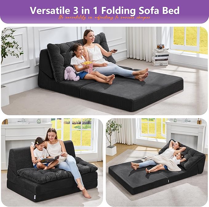 Hobestluk Sofa Couch Folding Sofa Bed Sleeper Comfy Floor Lounger Loveseat Sofa with Removable Cushion Couches Foldable Mattress for Living Room Bedroom or Office (Cordury Black, Oversize)