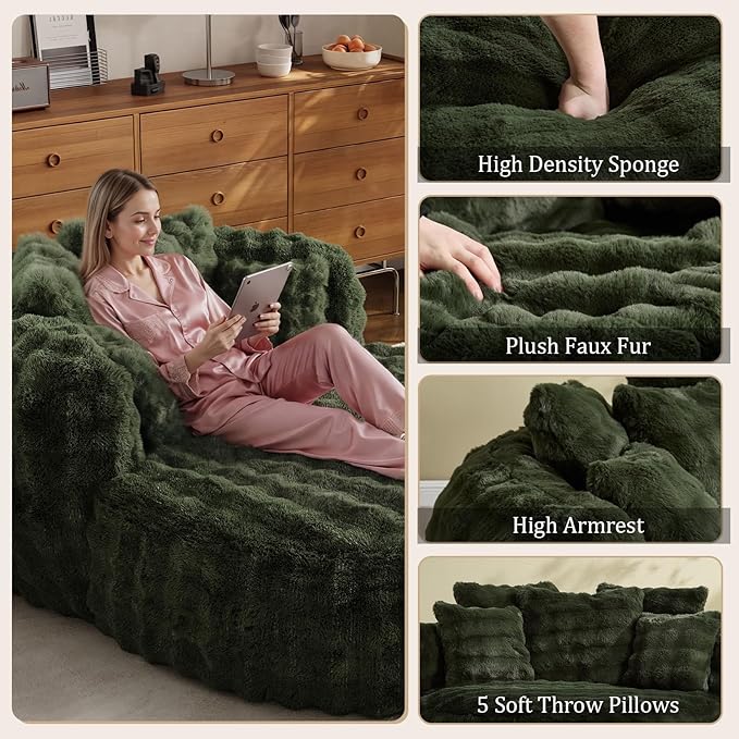 55" W Oversized Round Chaise Lounge Chair with Ottoman Indoor Boneless Faux Fur Plush Fluffy Circle Couch Soft Comfy Cozy Cloud Reading Chair with 5 Pillows for Living Room, Playroom, Bedroom - Green