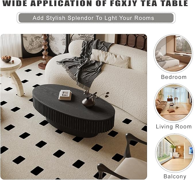 FGXJY Oval Coffee Table with Storage, Modern Black Coffee Table with Solid Wood Veneered, Fluted Center Table Wood Drum Tea Table for Living Room Apartment, 47.2''L×23.6''W×14.2''H