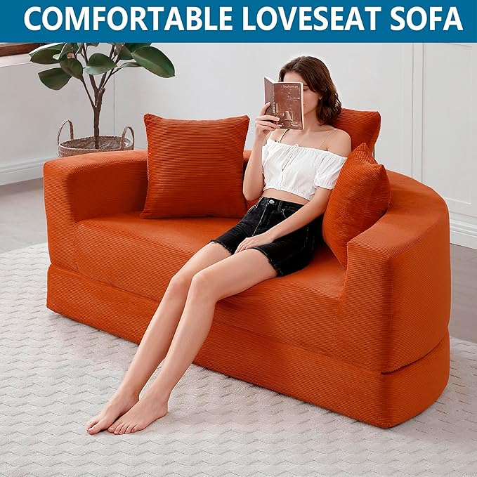 67" Round Convertible Folding Sofa Bed, Boneless Couch Loveseat, Floor Sleeper Chaise Lounge for Living Room, Apartment, Dorm, Small Spaces, Orange
