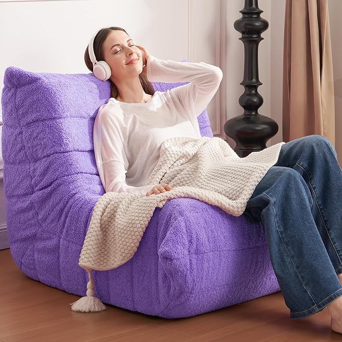 Bean Bag Chair Big Sofa Beanbag Chair for Adults Fireside Chair Bean Bag Lounger with Memory Foam Filled for Home,Apartment or Gaming Venue(Purple Teddy)