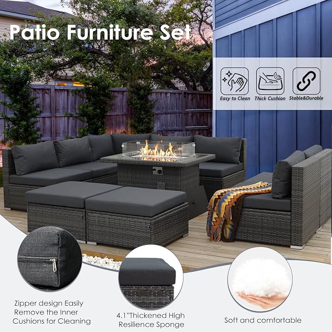 RADIATA 10 Piece Wicker Patio Furniture Set with Fire Pit, All-Weather Outdoor Sectional Couch High Back Large Size, Modular Backyard Seating Sofa Set with Propane/Natural Gas Firepit Table, Dark Grey