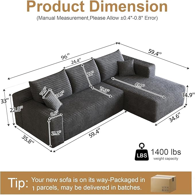 AUGOP 96" Sectional Couches for Living Room Modern Modular Sofa with L-Shape Couchs Upholstered Boneless Couch Deep Seat Sectional Couch with Chaise (Dark Grey, 96" Right Facing Chaise+2Seaters)
