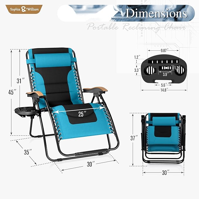 Sophia & William Oversize Zero Gravity Chair, Padded Recliner with Free Cup Holder, Supports 400 LBS (Aqua)