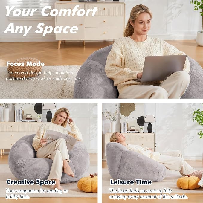 3.28 Feet Bean Bag Chair for Adults, Shell-Shaped Bean Bag Lazy Couch, Faux Fur Cloud Sofa Chair, Lounge Floor Sofa with Filler for Reading, Gaming & Watching, No Assembly Required (Light Grey)