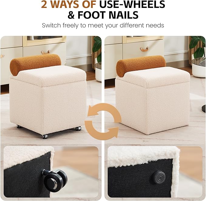 Boucle Vanity Chair with Storage, Swivel Vanity Stool with Safety Hinge, Upholstered Makeup Chair with Wheels, Square Ottoman Stool for Living Room, Dressing, Bedroom, Beige