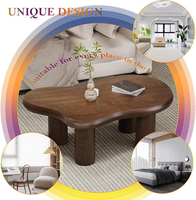 Brown Cloud Coffee Table Modern Irregular Low Center Tables Unique Asymmetrical Minimalist Tea Table with 4 Leg for Living Room Study (Brown 46.06in)