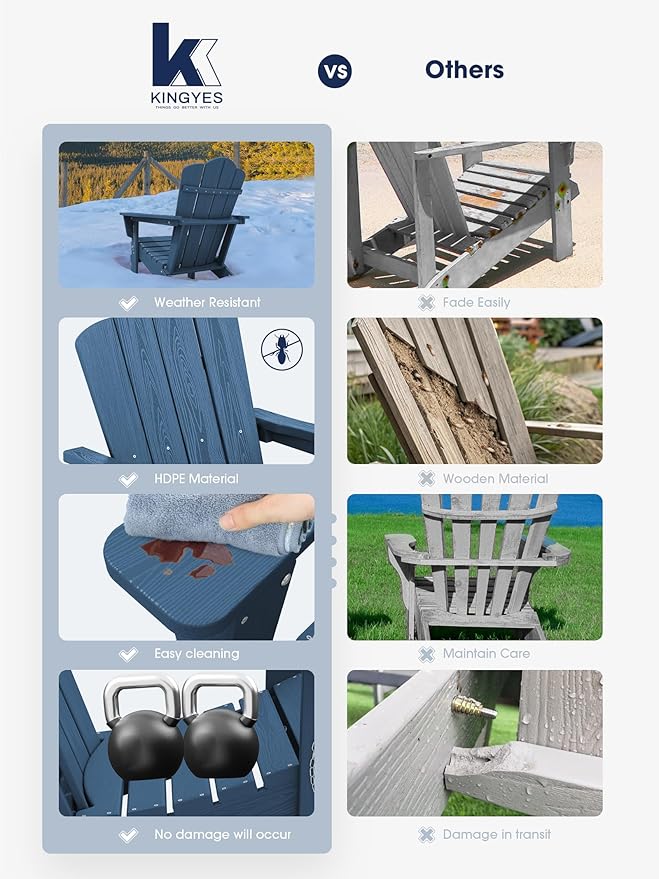 KINGYES Folding Adirondack Chair Set of 6, HDPE All-Weather Adirondack Chair, Navy