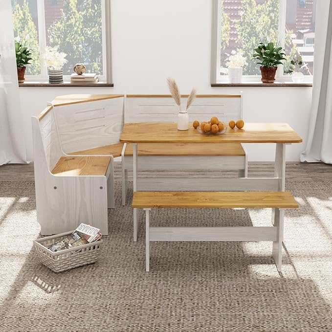 Breakfast Nook Dining Table Set – L-Shaped Kitchen Nook Booth with Bench Seating, Farmhouse Corner Dining Table for Small Spaces, White Wood Dining Room Nook Furniture